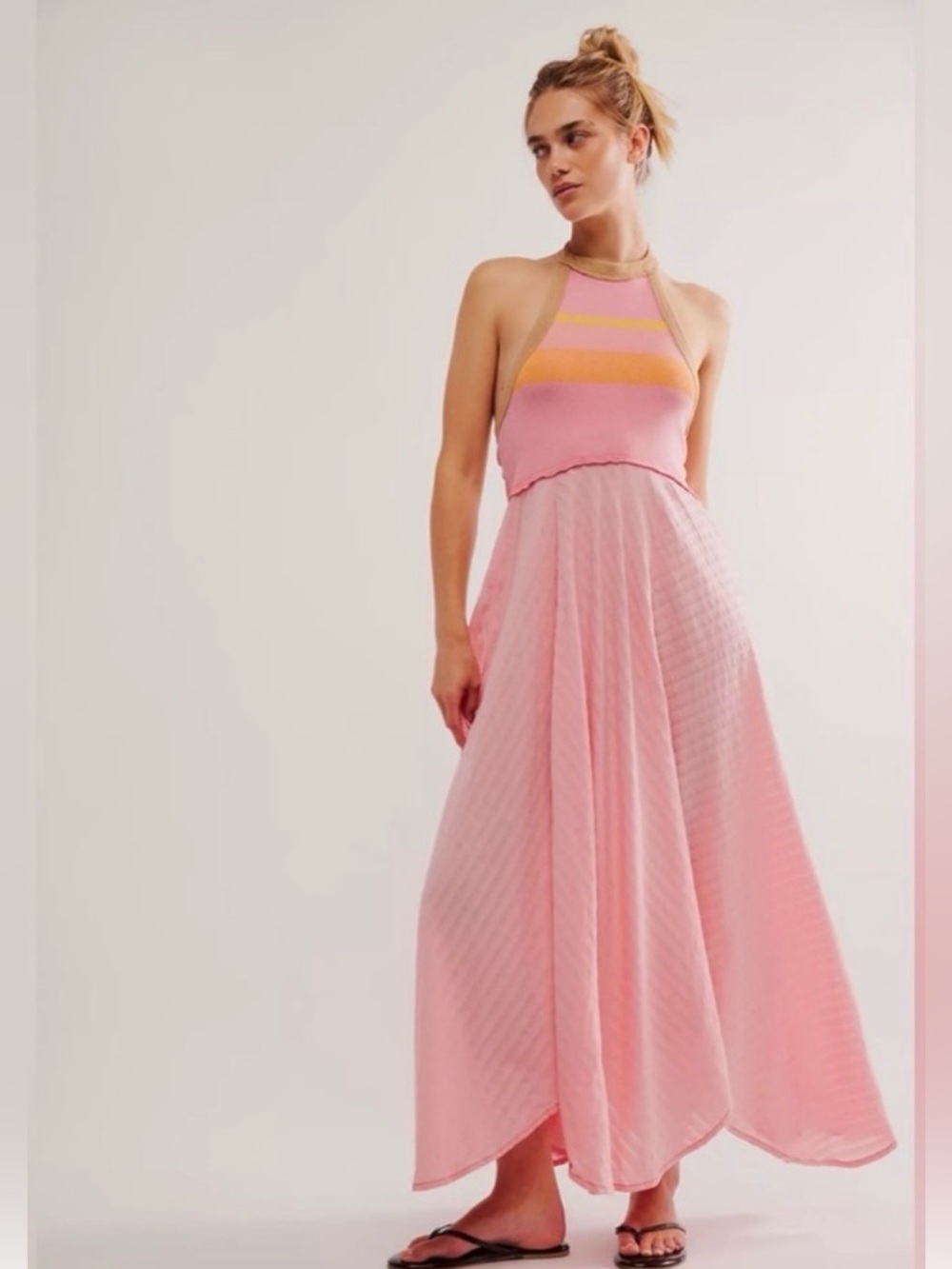 Free People Pink and Yellow Striped Halter Maxi Dress